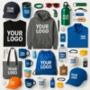 Promotional products collage with branded apparel and drinkware