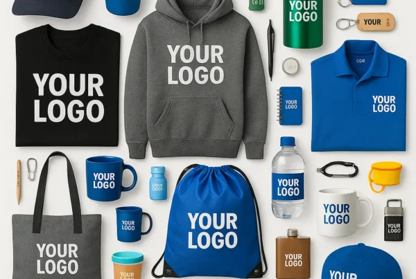 Promotional products collage with branded apparel and drinkware