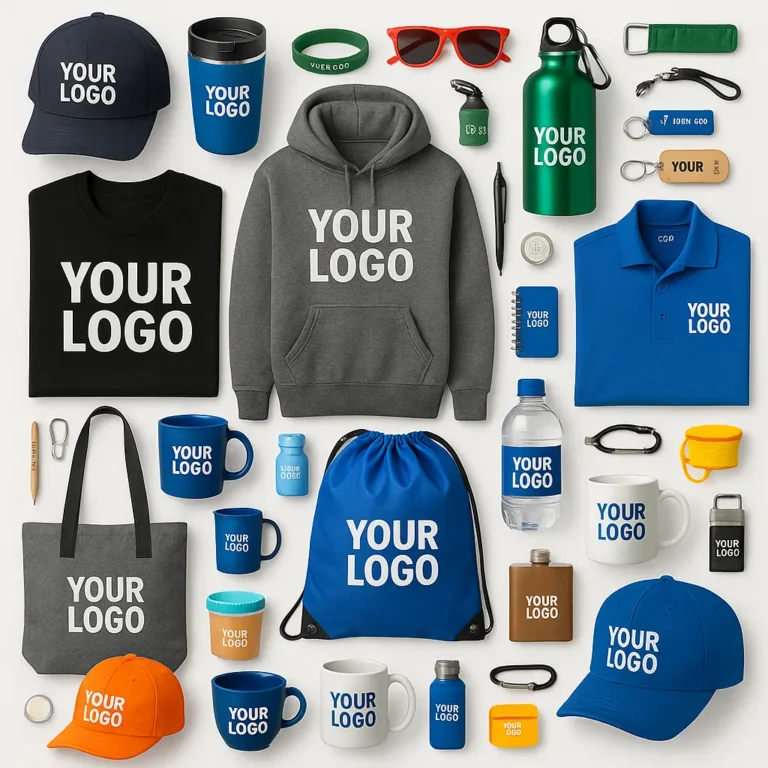 Collage of branded promotional products, apparel, drinkware, and giveaways