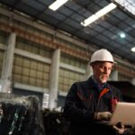 Factory engineer using laptop in the factory