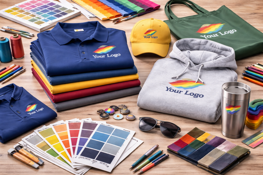 Custom apparel color selection with logo samples and swatches