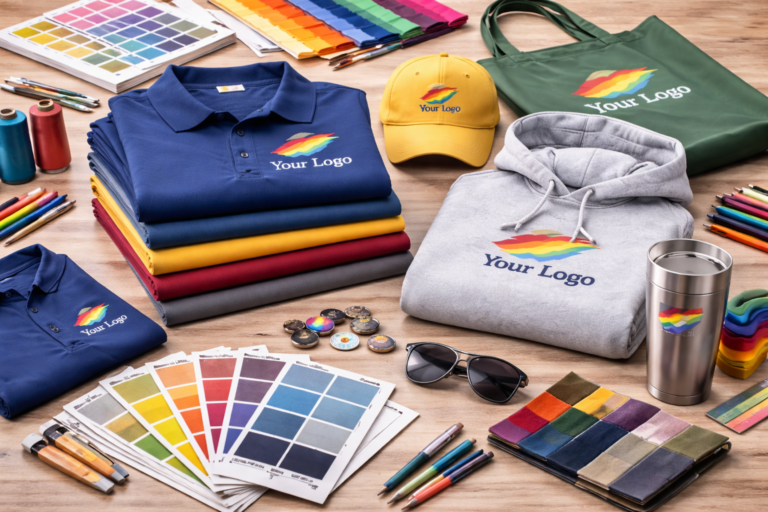 Custom apparel color selection with logo samples and swatches
